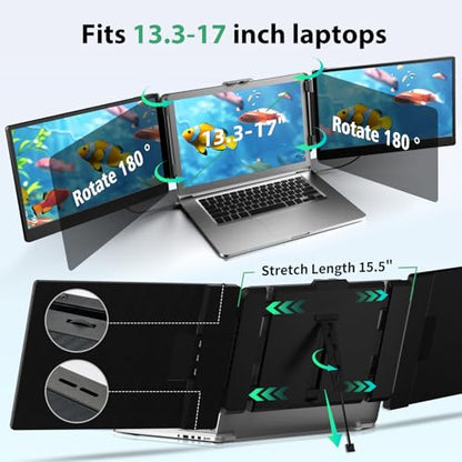Laptop Screen Extender 14" - Triple Portable Monitor 1080P FHD IPS Extra Second Screen HDMI/USB-C Plug-Play Compatible with Wins Mac Dex Chrome Travel Work Fits 13-17" Laptops - size: 14.3"
