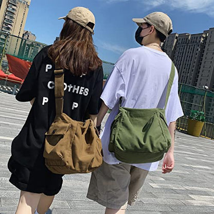 KlaOYer Canvas Messenger Bag Large Hobo Bag Crossbody Shoulder Bag Tote Bag with Pocket for Women and Men - color: Coffee 2