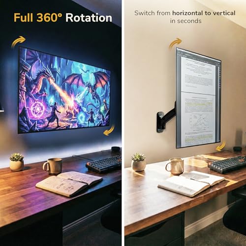 Mount-It! Monitor Wall Mount Arm, Full-Motion Gas Spring, Fits 13–32″ Screens up to 14.3 lbs, VESA 75x75 & 100x100, Tilt Swivel Rotate, Single-Stud Wall Mounted Computer Monitor Arm, RV Compatible