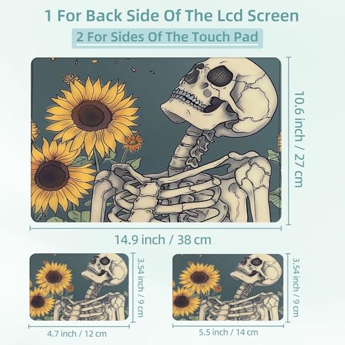 Universal Laptop Skin Decal, 3-Piece Vinyl Protector for 12 13 14 15.6" Notebook, Waterproof Anti-Scratch, Easy Trim & Bubble-Free Finish, Skeleton and Sunflowers - color: Skeleton and Sunflowers
