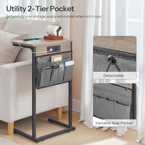 HOOBRO C Shaped End Table with Charging Station, 28" H Couch Side Table Slide Under, Sofa Arm Tray Table with Storage Bag for Living Room, Recliner, Greige BG70USF01 - color: Greige