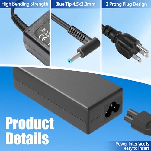 65W 45W 4.5x3.0 mm Smart Blue Tip AC Laptop Charger Replacement for HP Pavilion x360 13 14 15 17, Envy x360 13 15, Chromebook Probook Elitebook Zbook Stream Series Computer Power Adapter