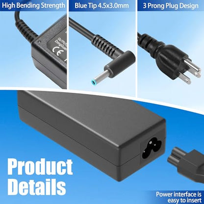 65W 45W 4.5x3.0 mm Smart Blue Tip AC Laptop Charger Replacement for HP Pavilion x360 13 14 15 17, Envy x360 13 15, Chromebook Probook Elitebook Zbook Stream Series Computer Power Adapter