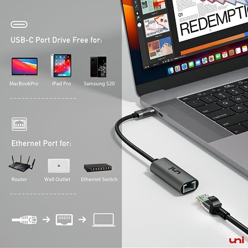 uni USB C to Ethernet Adapter, Driver Free RJ45 to USB C [Thunderbolt 3/4 Compatible], 1Gbps Type-C Gigabit Ethernet LAN Network Adapter for MacBook Pro/Air, iPhone 15 Pro/Max, Dell XPS, Galaxy S8-S24 - style: Grey-USB C