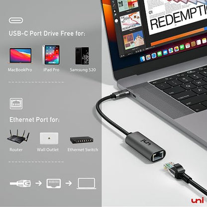 uni USB C to Ethernet Adapter, Driver Free RJ45 to USB C [Thunderbolt 3/4 Compatible], 1Gbps Type-C Gigabit Ethernet LAN Network Adapter for MacBook Pro/Air, iPhone 15 Pro/Max, Dell XPS, Galaxy S8-S24 - style: Grey-USB C