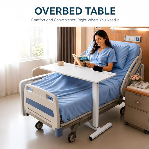 Naomi Home Adjustable Overbed Table with Charging Station, Rolling Hospital Bedside Table with Wheels, Height Adjustable Bed Desk for Laptop, Meals & Recovery Care White - color: White