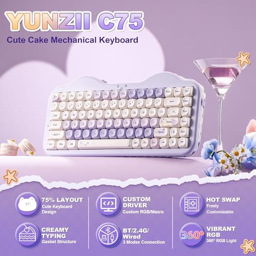 YUNZII C75 Cute 75% Wireless Mechanical Keyboard (Purple, Candy Switch) | Creamy Cake Keyboard, BT5.0/2.4G/USB-C, Hot-Swap, NKRO, PBT MOA Keycaps,5500mAh RGB Gasket Mount for Mac/Win/Gaming/Office - color: Purple, size: Candy Switch