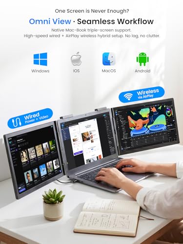 UPERFECT Laptop Screen Extender, 14'' Wireless Triple Portable Monitor, Ultra-Slim Dual Travel Monitor 125% sRGB One Cable Plug -Play Extender Monitor for MacOS/Win/Android, Fits 13.3-17.3" Laptops - size: 14"