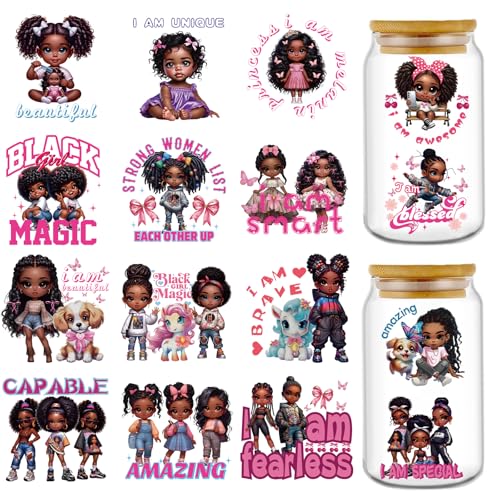 Rngmsi UV DTF Cup Wrap - 16 Sheets Black Girl UV DTF Cup Wraps for 16 oz Glass, Inspirational Quote Uvdtf Stickers for Water Botters, Cute Dog Bow Waterproof Rub on Transfer Decals, DIY Crafts - style: Black Girl