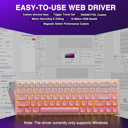 AULA WIN68 HE Mechanical Gaming Keyboard 60%, Hall Effect Magnetic Switch, Fast Trigger Mode Adjustable Actuation, 8000Hz Polling Rate, RGB Backlit, Wired Pink Keyboard for Laptop/PC Gamer - color: Pink-standard version