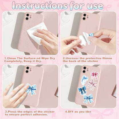 for iPad Case with 100 Pcs Cute DIY Bow Tie Vinyl Laptop Stickers Tweezers Decals, Waterproof Aesthetic Stickers Suitable for Phone, Water Bottles, Cups, Suitcases, Anywhere- Pink/Blue Bow - color: Pink /Blue Bow