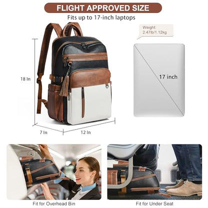 Shrrie Vegan Leather Laptop Backpack for Women,17 Inch Computer Backpack Purse for Work Business College Travel Teacher Nurse with Anti-theft Pocket & Giant Tumbler Holder,Black and Beige with Brown - color: Black and Beige With Brown