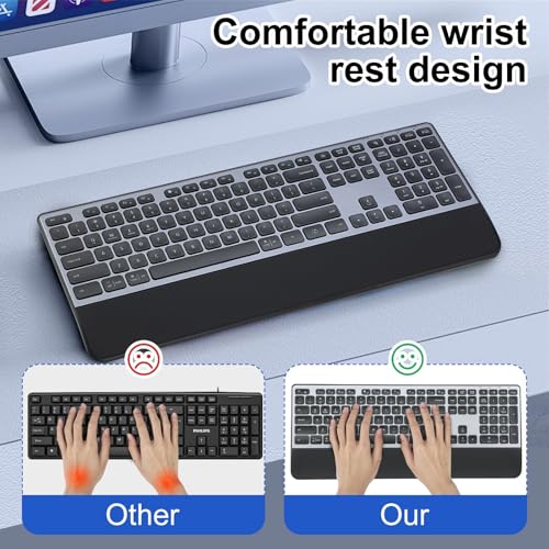 CITLLA Wireless Keyboard, Rechargeable Full Size Multi-Device Bluetooth Keyboard with Wrist Rest, 3-Level Backlit, for Computer, Laptop, Tablet, Smartphone, Office,（US Layout）