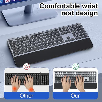 CITLLA Wireless Keyboard, Rechargeable Full Size Multi-Device Bluetooth Keyboard with Wrist Rest, 3-Level Backlit, for Computer, Laptop, Tablet, Smartphone, Office,（US Layout）