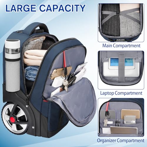 MATEIN Rolling Backpack with Wheels, Roller Backpack for Men Women, Blue | Combination Lock, Water Resistant, Anti Theft, Large Wheel, 17 Inch Laptop Compartment, Bag for Work Business Commute College - color: Blue