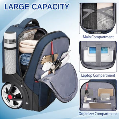 MATEIN Rolling Backpack with Wheels, Roller Backpack for Men Women, Blue | Combination Lock, Water Resistant, Anti Theft, Large Wheel, 17 Inch Laptop Compartment, Bag for Work Business Commute College - color: Blue
