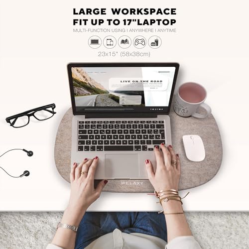 Welaxy Laptop Lap Desk Portable Large Workspace LapDesk for Bed Home Office fits up to 17 Inch Laptop MacBook Chromebook Tablet Lightweight Tray Table with Ergonomic 3D Pillow (Oatmeal) - color: Oatmeal