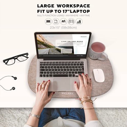 Welaxy Laptop Lap Desk Portable Large Workspace LapDesk for Bed Home Office fits up to 17 Inch Laptop MacBook Chromebook Tablet Lightweight Tray Table with Ergonomic 3D Pillow (Oatmeal) - color: Oatmeal