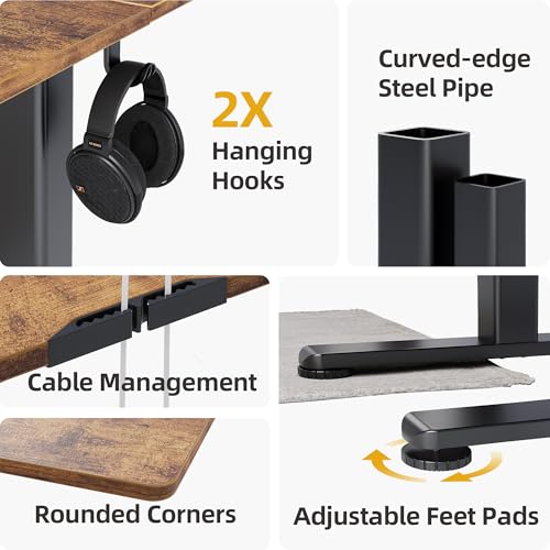 Claiks Electric Height Adjustable Standing Desk, 63x24 Inch, Rustic Brown | Smooth Height Adjustment, 4 Memory Presets, Cable Management Hub&Hook, Stable Steel Frame, 176lbs Capacity, Easy Assembly - color: Rustic Brown, size: 63