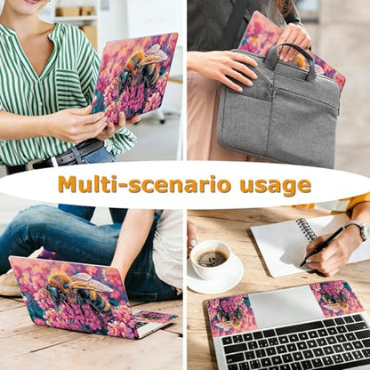 Universal Laptop Skin Sticker with 2 Wrist Pad Decals, 3-Piece Removable Vinyl Laptop Cover, Bee Pink Flower Waterproof Anti-Scratch, Easy-Trim Fit for 13.3" 14" 15.6" Laptops - color: Bee Pink Flowers
