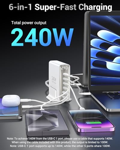 TOPADRE 240W USB C Charger with Display,6 Ports Charging Station,Laptop GaN Desktop Charger,140W Fast Charging Block for MacBook, iPad, iPhone 17/16, Galaxy S25/S24, Steam Deck, Dell XPS and More - color: White