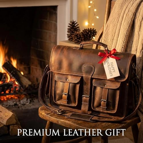 Leather Briefcase Work Bag for Men Women Dark Brown Crossbody Genuine Leather Satchel Office Bag for Men Women 18 Inch Computer Travel Messenger Laptop Shoulder Bag Cureo - size: 18 Inch