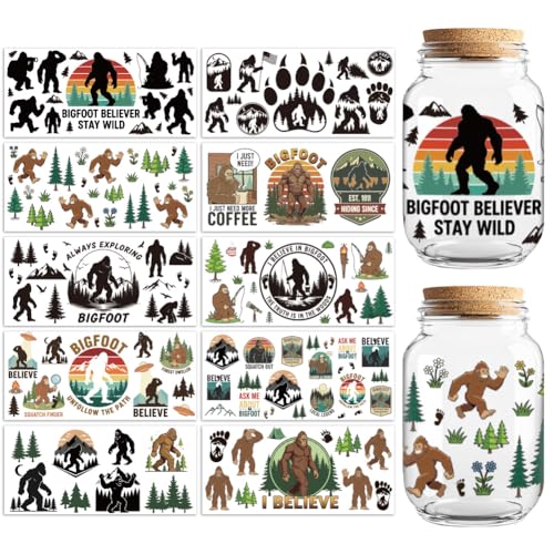 Bigfoot in Forest UV DTF Cup Wraps, 10 Sheets Transfer Sticker | Waterproof UV DTF Stickers, Custom Vinyl Decals for 16oz Coffee Cups Tumblers Bottles Mugs, DIY Gifts & Crafts - style: Bigfoot in Forest