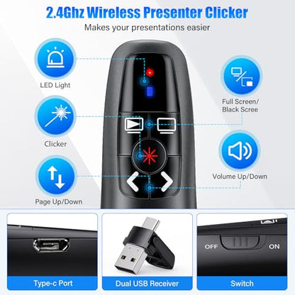 2-in-1 USB Type C Presentation Clicker, Clicker for PowerPoint Presentation | Rechargeable Wireless Presenter Remote , RF 2.4GHz USB PowerPoint Clicker Slide Advancer with Volume Control