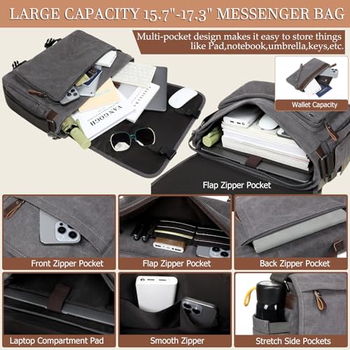 17.3 Inch Messenger Bag for Men: 2PCS Laptop Bag PU Leather Canvas Work Briefcase Large Office - color: Brown Grey