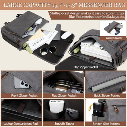 17.3 Inch Messenger Bag for Men: 2PCS Laptop Bag PU Leather Canvas Work Briefcase Large Office - color: Brown Grey