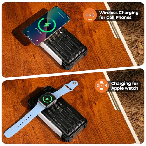 BLAVOR Solar Power Bank 20000mAh Built-in Cables, Wireless Charger for Phones & Apple Watch, 20W Fast Charging Battery Pack with USB C, Flashlight, Solar Charger for iPhone, iPad, iWatch, Samsung - color: Dull black