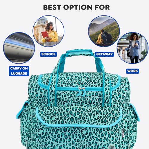 J World Donna Rolling Tote Bag on Wheels for Women. Roller Laptop Briefcase. Overnight Weekender Teachers Work, Mint Leopard - color: Mint Leopard