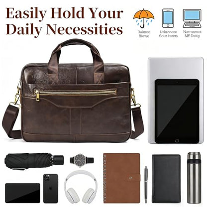 Leather Laptop Bag for Men Briefcase Fits 15.6 Inch Notebook Portable Shoulder Messenger Crossbody Bag for Travel Office - color: 17coffee