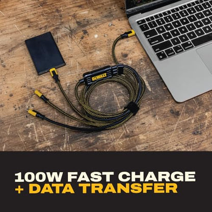 DEWALT 100W Smart USB-C to USB-C Splitter – Data Transfer & Fast Charging | 1-to-3 Output, Kevlar Reinforced, 6ft Heavy-Duty for Laptop, MacBook, iPad, Android, Samsung, iPhone, Works w/Carplay