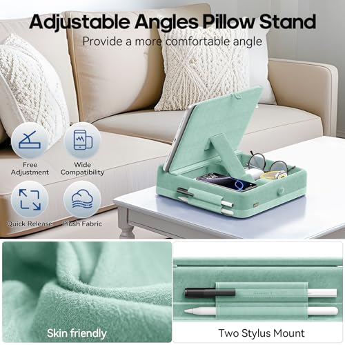 KDD Tablet Pillow Stand with Storage, Foldable iPad Holder for Bed, Lap and Desk, Angle Adjustable Soft Pad Dock with Stylus Mount Compatible with iPad Pro 12.9, 11, Air, Mini, Phones, Books (Green) - color: Green