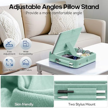 KDD Tablet Pillow Stand with Storage, Foldable iPad Holder for Bed, Lap and Desk, Angle Adjustable Soft Pad Dock with Stylus Mount Compatible with iPad Pro 12.9, 11, Air, Mini, Phones, Books (Green) - color: Green