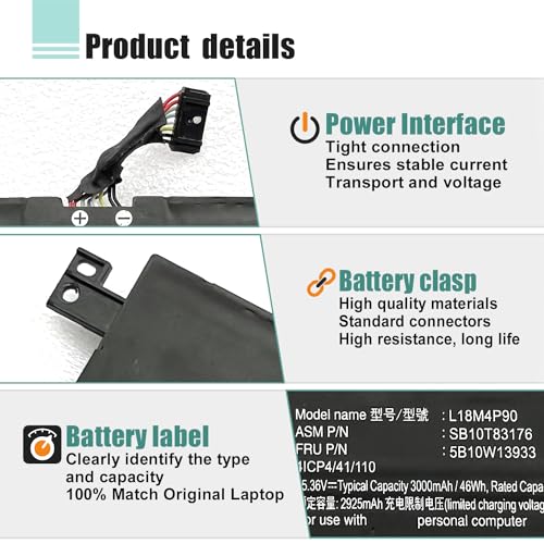 46Wh L18D4P90 L18M4P90 L18C4P90 Laptop Battery Replacement for ThinkPad L13 Yoga 1st Gen/2nd Gen/20R5 20R6 Series SB10T83177 SB10T83119 SB10T83120 02DL031 - size: 9.53*4.45*0.24inch L18D4P90