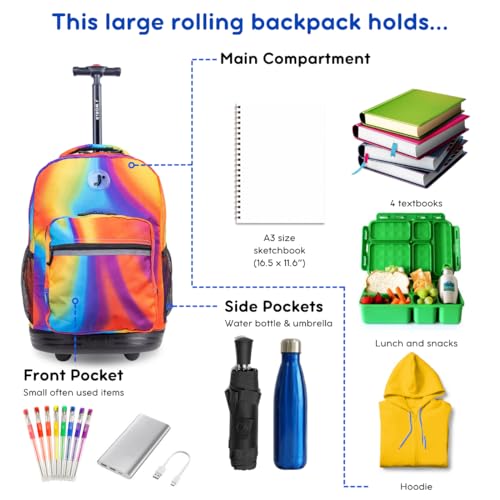 J World Sunrise Kids Rolling Backpack with Wheels for Girls Boys, Roller Bookbag for School, 18 x 13 x 9 Inches, Heat - color: Heat