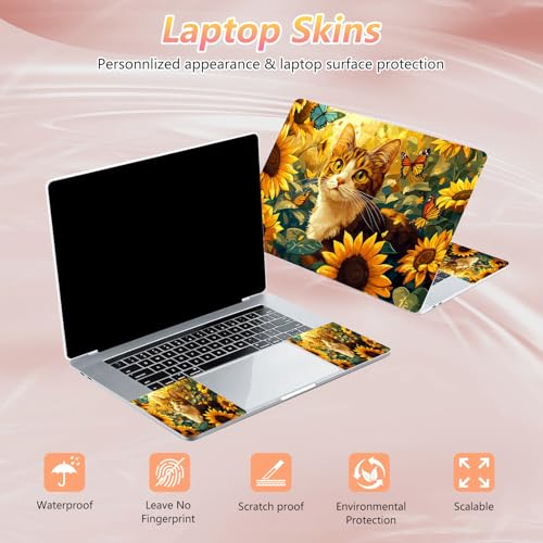Laptop Skin Sticker Decal 12" 13" 13.3" 14" 15" 15.6",Waterproof Scratch Resistant Vinyl,Reusable Easy to Apply,for MacBook HP Dell Notebooks Netbooks Laptop,2 Wrist Pads,Cute Cat Sunflower - color: Cute Cat Sunflower