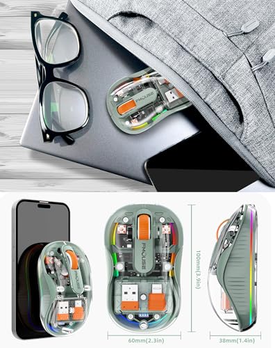 Bluetooth Wireless Mouse, Transparent RGB Tri-Modes Mouse,Bluetooth & 2.4GHz for Multi Device, USB-C Receiver Ideal for MacBook/Laptops, Rechargeable, Silent, Portable, Cool LED, Ergonomic - Green - color: Green