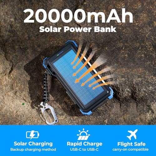BLAVOR Solar Power Bank 20000mAh Built-in Cables, Wireless Charger for Phones & Apple Watch, 20W Fast Charging Battery Pack with USB C, Flashlight, Solar Charger for iPhone, iPad, iWatch, Samsung - color: Blue