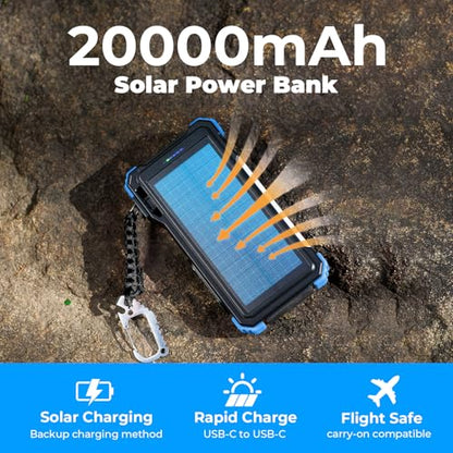 BLAVOR Solar Power Bank 20000mAh Built-in Cables, Wireless Charger for Phones & Apple Watch, 20W Fast Charging Battery Pack with USB C, Flashlight, Solar Charger for iPhone, iPad, iWatch, Samsung - color: Blue