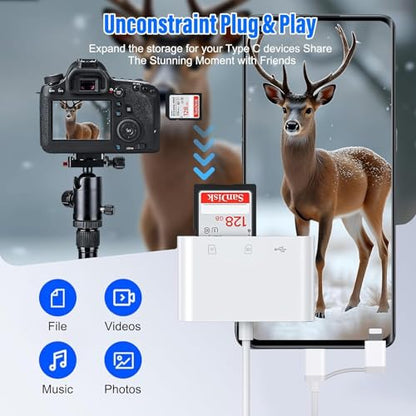SD Card Reader for iPhone iPad, Built-in Lightning USB-C Dual Port SD Card Adapter with SD MicroSD USB 3 Slots Trail Camera Memory Card Viewer, No App Required, Plug and Play
