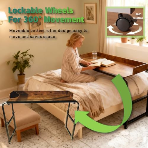 Overbed Table with Wheels and Desktop Enclosure, Height and Length Adjustable Over Bed Desk King Queen Bed Table Overbed Laptop Table (Rustic Brown) - color: Rustic Brown