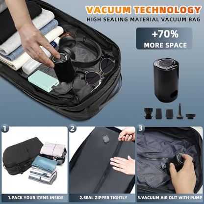 Vacuum Rolling Backpack, 60L Expandable Carry-On with Pump, TSA Lock & USB Port, Water-Resistant Travel Bag with 19" Laptop Compartment for Commute, Outdoor & Family Trips, Men Women