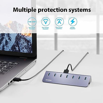 10Gbps Powered USB 3.2 Gen 2 Hub, Aluminum 7-Port USB Expander with USB-A and USB-C for Computer, Mac, PC, Smartphone, Tablet