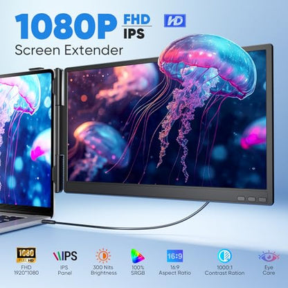 Laptop Screen Extender, 14” FHD 1080P Portable Monitor for Laptop, 0.27" Ultra-Thin Display with 100% sRGB, Dual Screen Extender for 13–17” Laptops, Plug & Play for Windows/Mac/Chrome/Android - size: 14“ Double Screen Extender