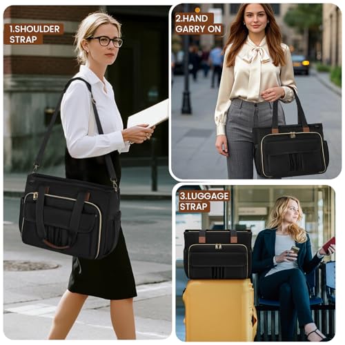 RAINSMORE Teacher Tote Bag 15.6 inch Laptop Bag for Women Work Bags Nurse Bag Lightweight Laptop Tote Computer Briefcase - color: Black