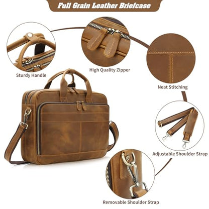 Jack&Chris Genuine Leather Briefcases for Men,15.6" Laptop Compartment Mens Laptop Messenger Bag - color: Mb005-light Brown-double