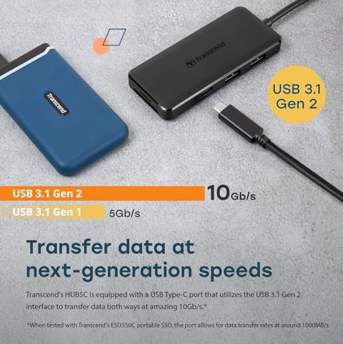 Transcend HUB 6 in 1 Hub, Type C, with 60W Power Delivery, 10Gbps USB C and 2 Type-A Ports, Micro SD and SD UHS-II Card Reader, for MacBook Pro, Labtop - TS-HUB5C - style: Type-C (6-in-1 HUB, with 60W PD)